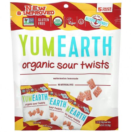 YumEarth, органические кислые конфеты, со вкусом арбузного лимонада, 5 упаковок снеков, 19,8 г (0,7 унции) каждая