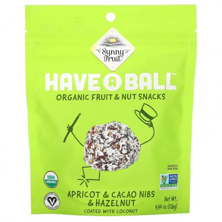 Sunny Fruit, Have A Ball, снеки из органических фруктов и орехов, абрикос, ядра какао и фундук, 126 г (4,44 унции)