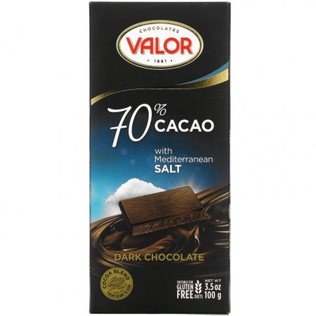 Valor, Темный шоколад, 70% какао со средиземноморской солью, 3,5 унции (100 г)