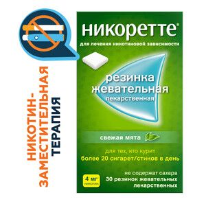 Никоретте® Резинка жевательная oт курения Свежая мята 4 мг 30 шт