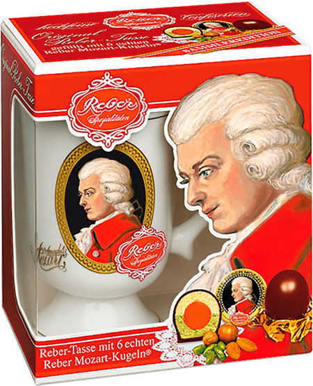 Mozart assorted chocolate candies in ceramic mug Reber
