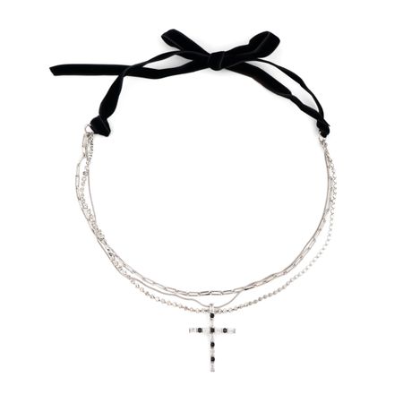 Free Form Jewelry Серебристое многослойное колье с крестом и черными кристаллами и лентами