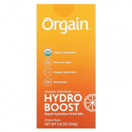 Orgain, Hydro Boost, смесь для быстрого увлажнения, апельсин и мандарин, 8 пакетиков по 13 г (0,45 унции)