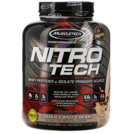 Muscletech, Nitro Tech, сывороточный изолят + смесь для роста сухой мышечной массы, вкус печенья с кремом, 1,80 кг (3,97 фунта)