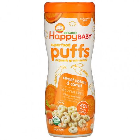 Happy Family Organics, Колечки из суперпродуктов, органическая злаковая закуска, сладкий картофель и морковь, 60 г (2,1 унции)