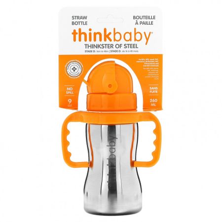 Think, Thinkbaby, Thinkster of Steel, стальная бутылочка, оранжевая, бутылочка с 1 соломинкой, 290 мл (10 унций)
