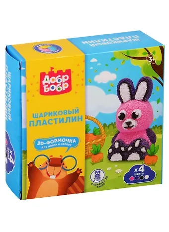 Игрушка «Шариковый пластилин мелкозернистый», маркировка «ДобрБобр», набор Зайка 4 цвета, 360 мл, К/У, арт. НШМН3Д
