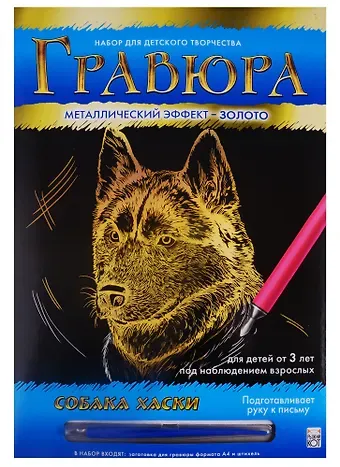 Гравюра А4 в конверте. Золото. СОБАКА ХАСКИ. Арт. Г-0516