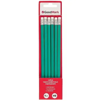 Карандаши GoodMark, чернографитные с ластиком 6 штук