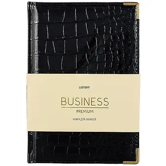 Книга для записей А5 80л "BUSINESS PREMIUM. Grand croco (черный)" иск.кожа, поролон, тв.переплет, мет.уголки, золот.срез, 2 ляссе, инд.уп.