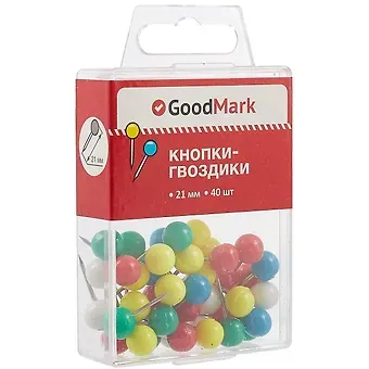 Кнопки гвоздики 40шт 21мм с круглой головкой, ассорти, пл/уп, GoodMark
