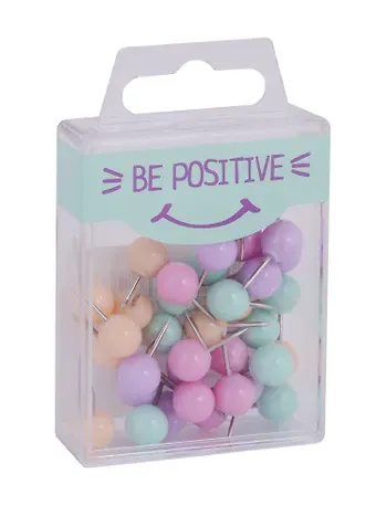 Кнопки гвоздики 40шт "Be positive" кругл.головка, пастельн., ассорти, пласт.подвес