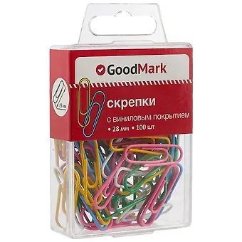 Скрепки 28мм 100шт винил, ассорти, пл/уп, GoodMark