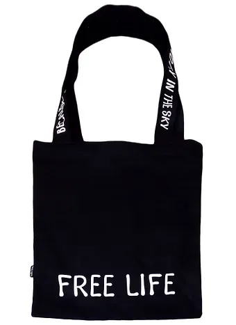 Сумка-шоппер Free life с надписью на ручках черная, текстиль 40см.*32см.