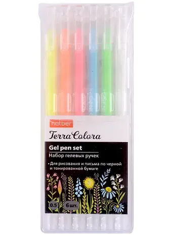 Ручки гелевые 6цв Terra Colora для тонированной бумаги, Hatber