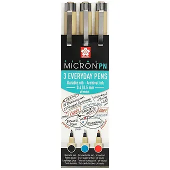 Ручки капиллярные 03цв Pigma Micron PN 0.4мм-0.5мм черный, синий, красный, Sakura