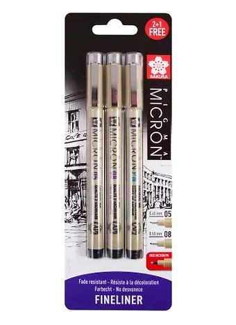 Набор капиллярных ручек Pigma Micron 3шт (0.45мм 0.5мм + PN) цвет черный, Sakura