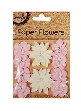 Набор для творчества Цветы с бусинами Paper Flower 2больш.+ 8маленьк.,белые с розовым