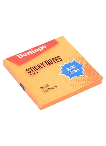 Блок бумаги 75*75 самоклеящийся оранжевый неон 80л, в клетку, "Ultra Sticky", Berlingo