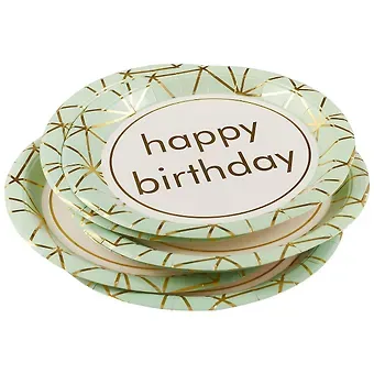 Набор бумажных тарелок Happy birthday на мятном фоне (22 см) (6 шт) (12-01582-E3)