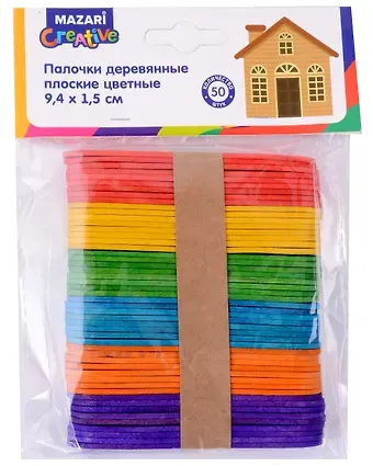 Палочки деревянные плоские цветные 9,4х1,5см, 50 шт.