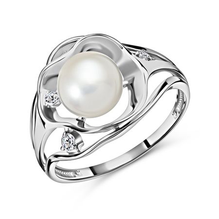 Серебряное кольцо с жемчугом и фианитами с родированием 2790₽