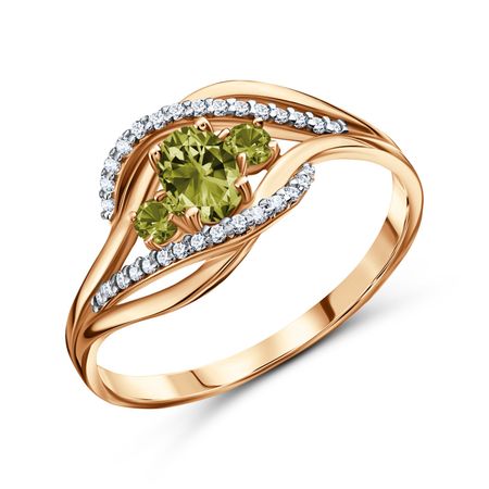 Золотое кольцо с хризолитом и фианитами с родированием 31990₽
