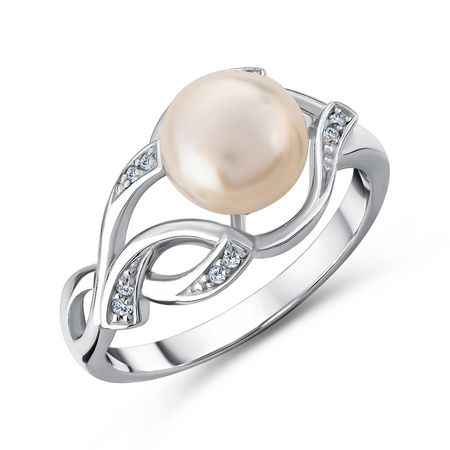 Серебряное кольцо с жемчугом и фианитами с родированием 1900₽