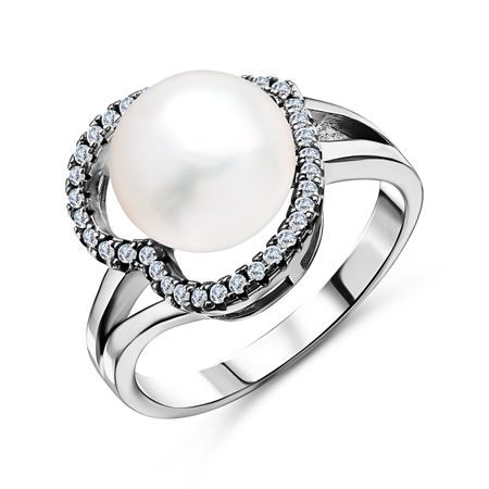 Серебряное кольцо с жемчугом и фианитами с родированием 2000₽