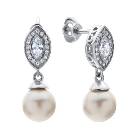Серебряные серьги с жемчугом и фианитами с родированием 3000₽