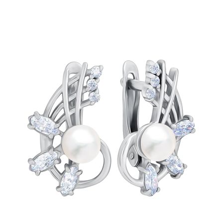 Серебряные серьги с жемчугом и фианитами с родированием 2000₽