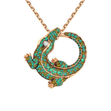 Золотая подвеска Крокодил с жемчугом и агатами с фианитами и родированием 104990₽