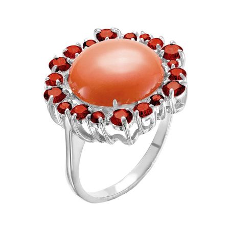 Серебряное кольцо с кораллом и фианитами с родированием 1490₽