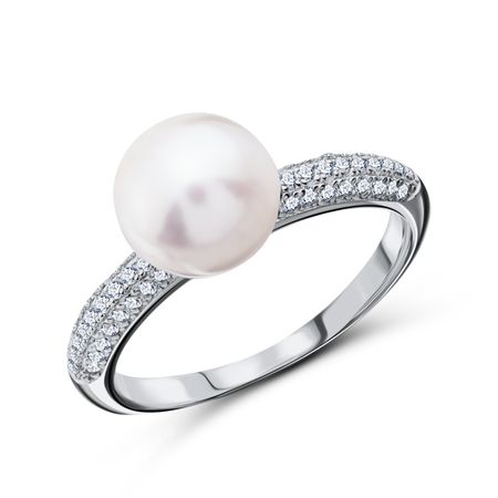 Серебряное кольцо с жемчугом и фианитами с родированием 3190₽