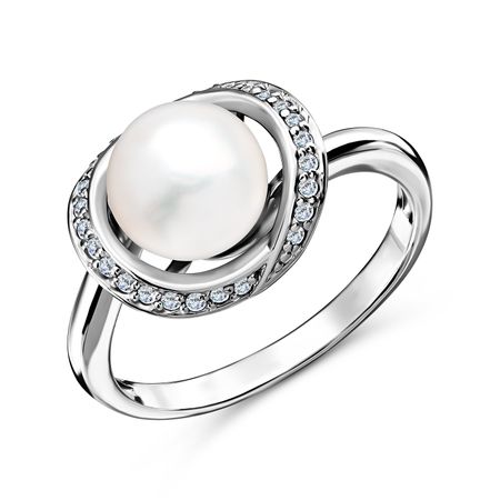 Серебряное кольцо с жемчугом и фианитами с родированием 1490₽