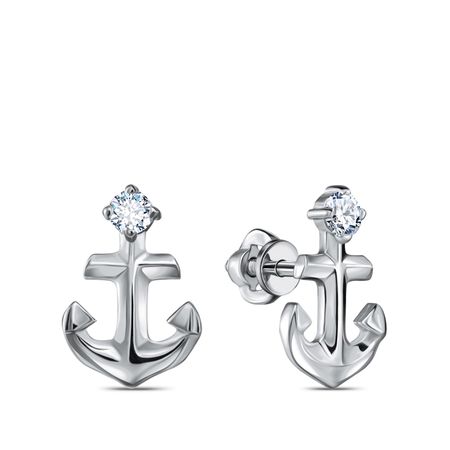 Серебряные серьги Якорь с фианитами и родированием 990₽