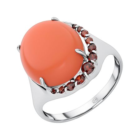 Серебряное кольцо с кораллом и фианитами с родированием 1190₽