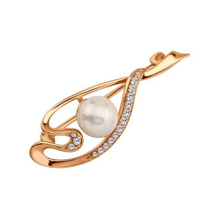 Серебряная брошь с жемчугом и фианитами с позолотой 2790₽