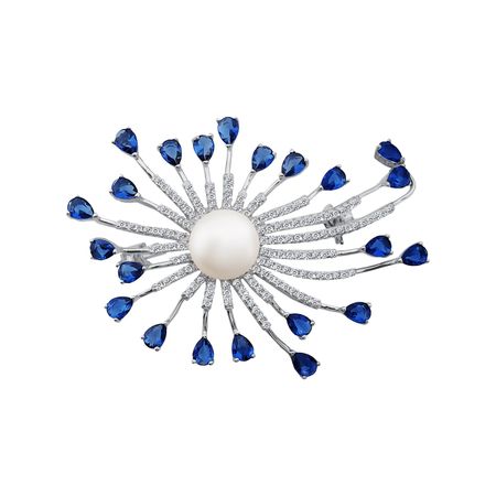 Серебряная брошь с жемчугом и ситаллами с фианитами и родированием 6990₽