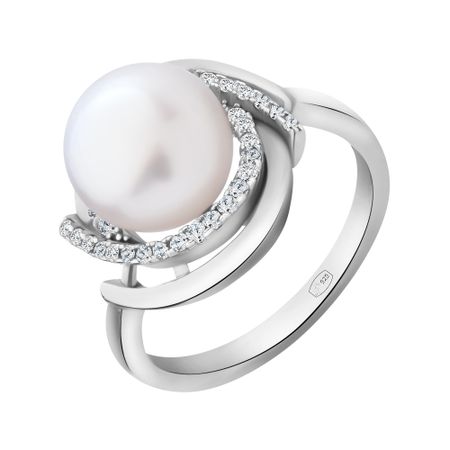 Серебряное кольцо с жемчугом и фианитами с родированием 1190₽