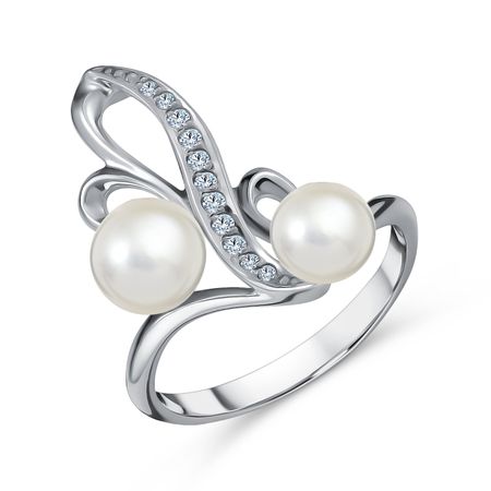 Серебряное кольцо с жемчугом и фианитами с родированием 890₽