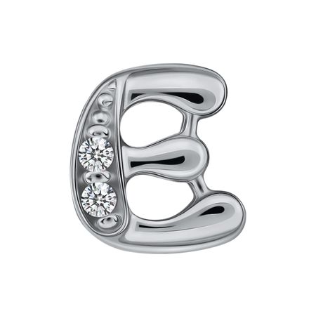 Серебряный шарм буква Е с фианитами и родированием 800₽