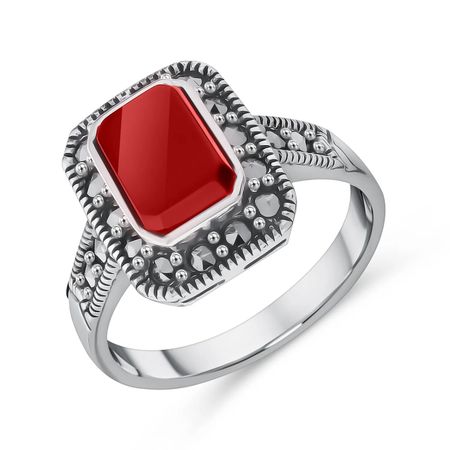 Серебряное кольцо с кораллом и марказитами с чернением 2600₽