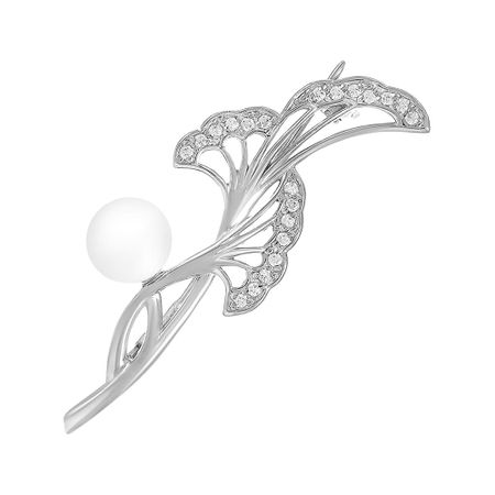 Серебряная брошь с жемчугом и фианитами с родированием 1980₽