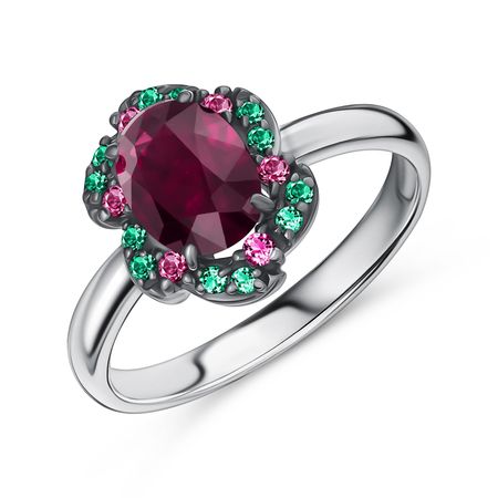 Серебряное кольцо с ювелирным стеклом и фианитами с родированием 900₽