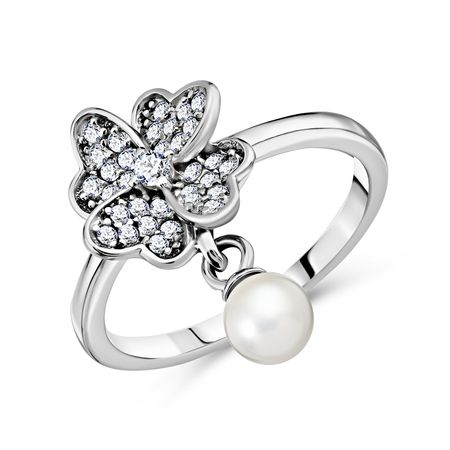 Серебряное кольцо Цветок с жемчугом и фианитами с родированием 700₽