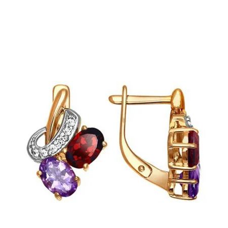 Золотые серьги с гранатом и аметистами с фианитами и родированием 49990₽