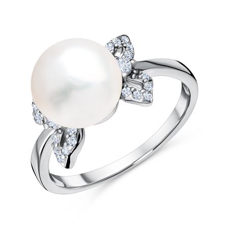 Серебряное кольцо с жемчугом и фианитами с родированием 1190₽