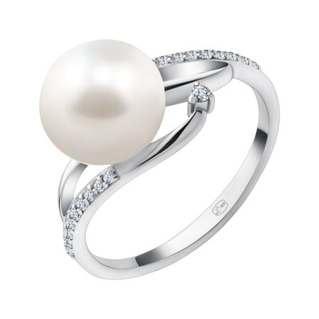 Серебряное кольцо с жемчугом и фианитами с родированием 420₽
