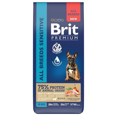 Brit Premium Dog Adult Sensitive сухой корм для взрослых собак всех пород с чувствительным пищеварением с индейкой и лососем - 15 кг 6831₽
